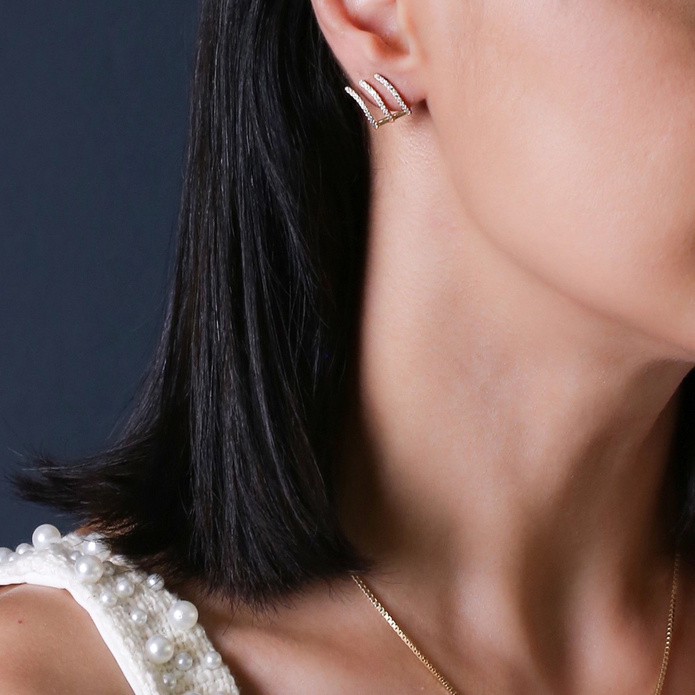 ✨💎 Z Stone Triple Line Sterling Silver Stud Earrings - Gold Plated